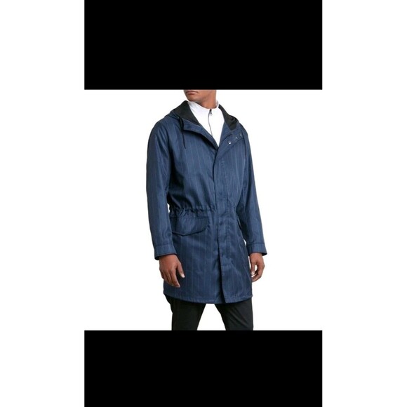Kenneth Cole Reaction Raincoat Overcoat Large Pin Stripe Zip Snap Navy Blue $179 - Picture 1 of 12